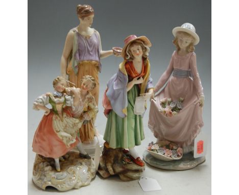 An early 20th century continental porcelain figure of the water-carrier; together with a Lladro style figure of a flower-girl