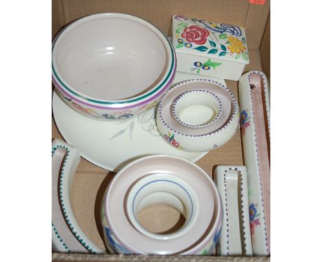 A box of miscellaneous Poole Pottery wares to include; posy vases, bowl, plate etc 