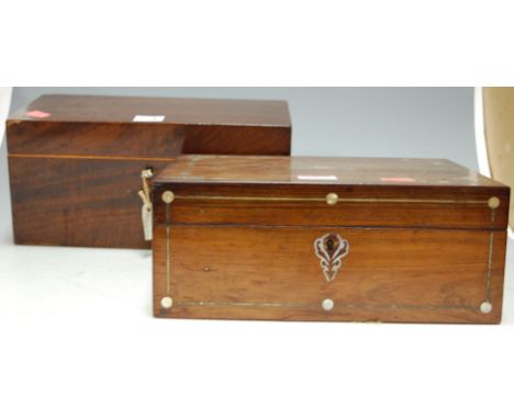 An early Victorian rosewood and mother of pearl inlaid work-box, having fitted interior; together with a 19th century mahogan