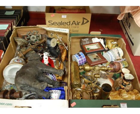 Two boxes of miscellaneous items to include pair of 1950s brass shell case vases, miniature Doulton Old Charlie toby jug, com