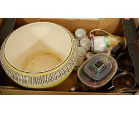 A box of miscellaneous items to include early 20th century silver plated three piece tea service, part coffee service and jar