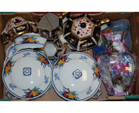 A box of miscellaneous china to include; pair of Royal Doulton plates of shaped rectangular form with floral decoration, Gaud