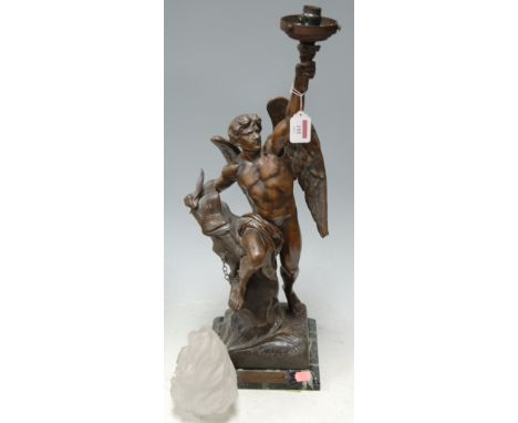 A late 19th century French spelter figural lamp entitled Le Genie Humane (a/f)