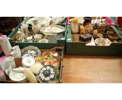Three boxes of miscellaneous to include Wedgwood black jasperware trinket jar and cover, reproduction Greek style amphora vas