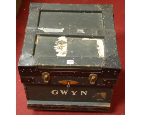 An early 20th century grey painted pine and metal bound travelling trunk bearing a label for The Anchor Line Shipping Company