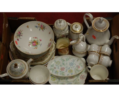 A box of miscellaneous china to include; Royal Albert part tea service in the Burlington pattern, Mintons bowl, Mintons teapo