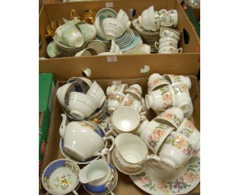 Two boxes of miscellaneous china to include a Paragon Country Lane pattern part tea service