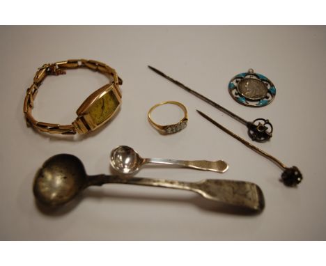 A ladies 9ct gold cased Tank watch; sundry silver flatware; two pin brooches; and a yellow gold and diamond point set dress r