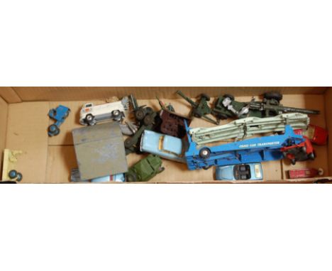 A box of assorted loose and playworn diecast toy vehicles to include Spot-On Ford Zodiac, Corgi Toys Big Bedford tractor unit