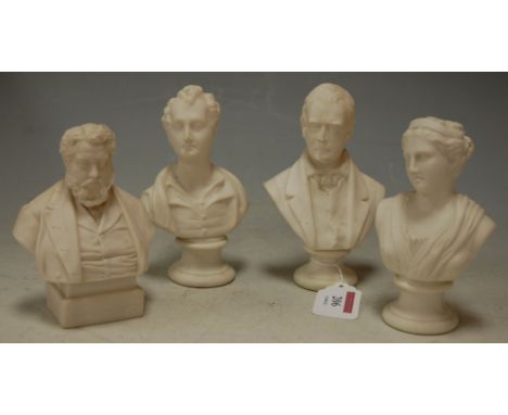 A Victorian miniature Parian portrait bust of J A Acton by Robinson & Leadbetter; together with three other Parian portrait b