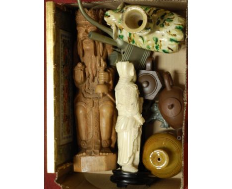 A box of micellaneous items to include Yixing style teapot, opium pipe, carved soapstone seals etc