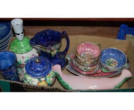 A box of assorted Maling lustre wares to include; boat shaped vase, table lamp base, hydra jug etc 