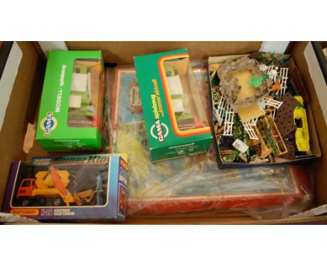 A boxed Gama model of a combine harvester together with a Matchbox Superkings Bedford skip truck, various plastic figures etc