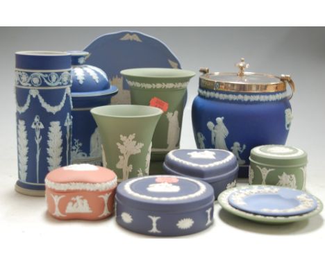 A collection of assorted Wedgwood jasperware to include; blue jasper biscuit barrel and cover, tobacco jar and cover, trinket