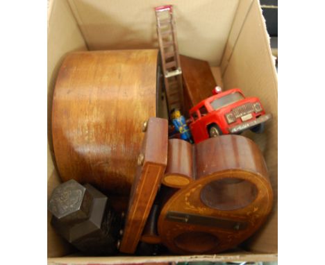 A box of miscellaneous items to include Edwardian mahogany satinwood inlaid cased clock barometer (case only), a tinplate toy