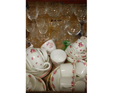 A box of miscellaneous china and glass ware to include; Royal Doulton part tea service 
