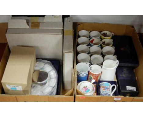 Two boxes of miscellaneous commemorative and other china to include; Royal Worcester Millennium Celebration mugs, Royal Worce