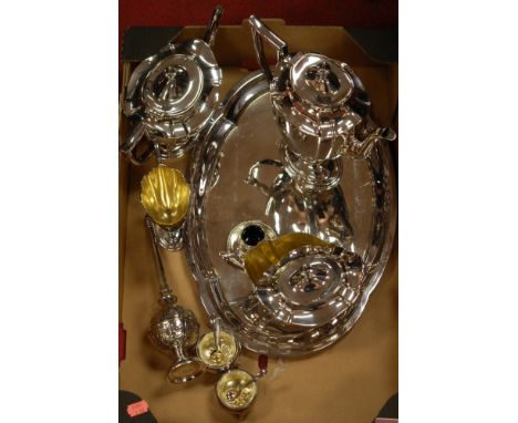 A box of miscellaneous silver plated wares to include Georgian style four piece tea and coffee service on tray, silver plated