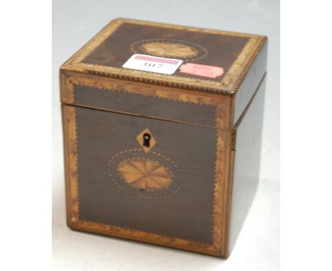 A George III mahogany satinwood inlaid and feather strung tea caddy 