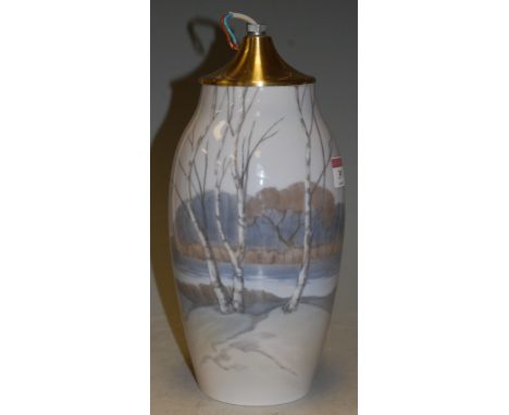 A Bing & Grondhal porcelain lamp base, decorated with a mountain lake scene