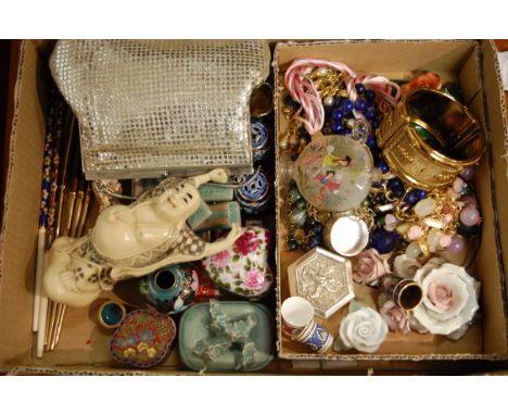 A box of miscellaneous items to include lapis lazuli necklace, Chinese scent bottle, cloisonne chopsticks, trinket jars etc