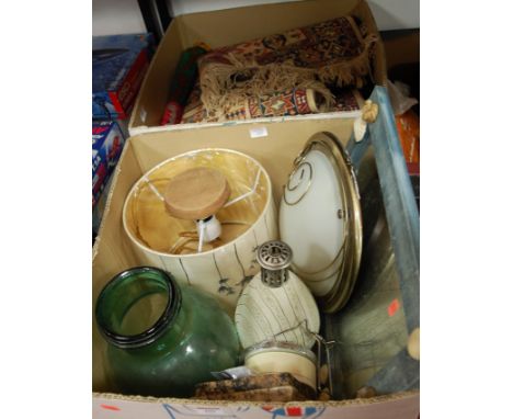 Two boxes of miscellaneous items to include table lamp base, shade, mirror, and a modern Belgian machine woven rug etc