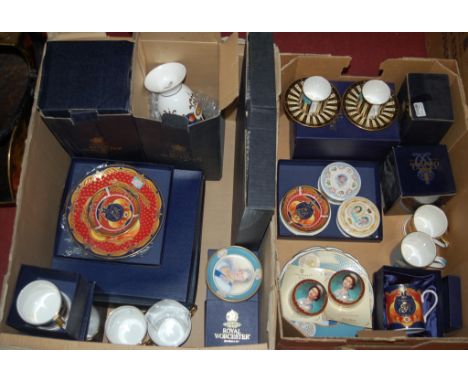 Two boxes of miscellaneous commemorative china to include; Royal Worcester Coronation Queen Elizabeth II plates, Coalport Gol