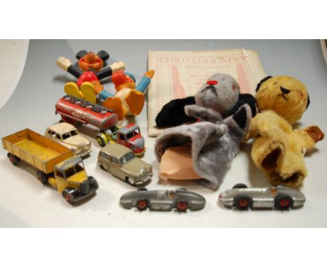 Two Sooty & Sweep hand puppets together with various loose playworn diecast toy vehicles to include Dinky Toys Vanguard and C