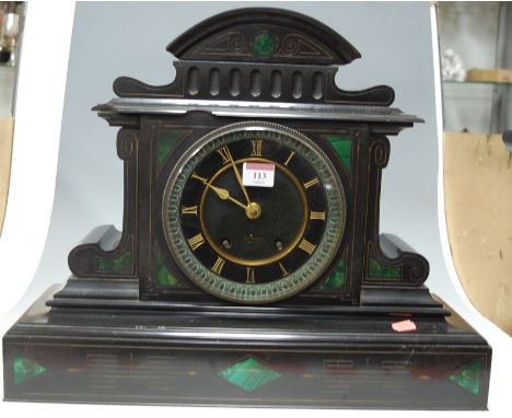 A circa 1900 marble mantel clock of architectural form, having a matt dial with Roman numerals and eight day movement