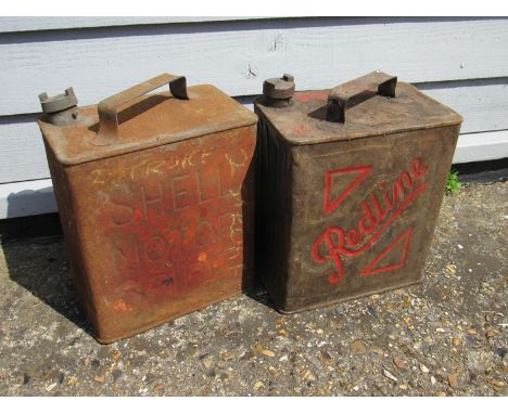 A Shell and a Redline two gallon fuel cans with brass caps 