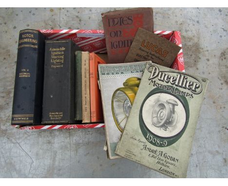 A box of early motor electrical related books including "Ducellier Motor Lamp" catalogues for 1908-09 along with an agents le