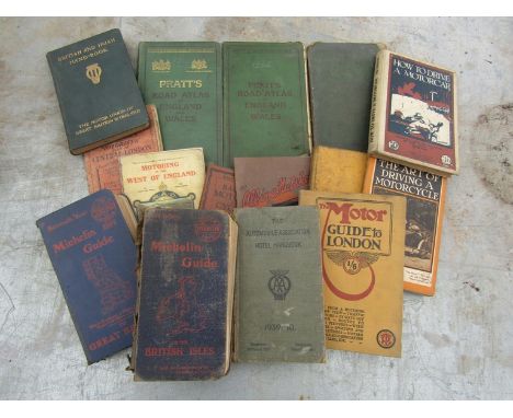 A box of books and maps including three circa 1900's Pratt's Road Atlas of England and Wales, a 1912 edition of "Michelin Gui