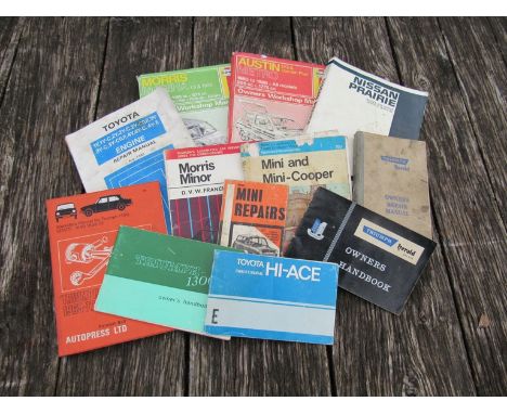 Twelve mixed manuals including a 1960 "Triumph Herald owners repair manual", "BLMC Mini repairs" along with a quantity of mix