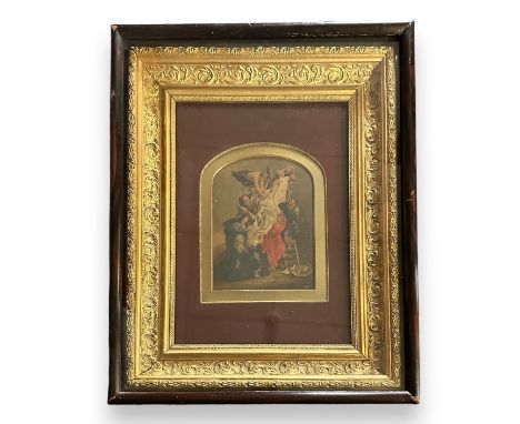 Framed Gold Gilded Framed Picture Of The Descent From The Cross. The vintage piece has been mounted in a gold gilded frame, w