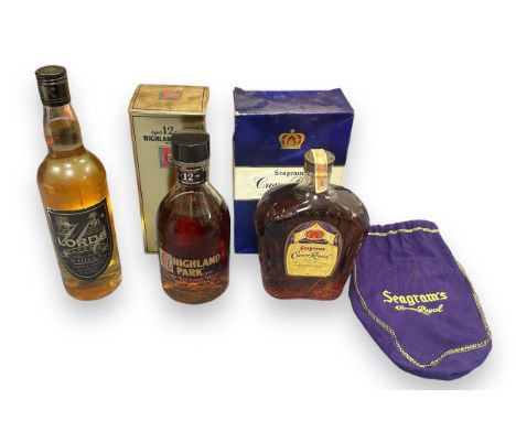 Highland Park Whisky, Seagram's Crown Royal Whisky &amp; Lords Classic Whisky. Three vintage Whiskeys. Crown Royal size 4/5 Q