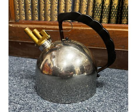 Alessi, vintage Alessi stainless steel whistle kettle, dome form with ribbed handle. Stamped for Alessi Italy. Height 22cm.