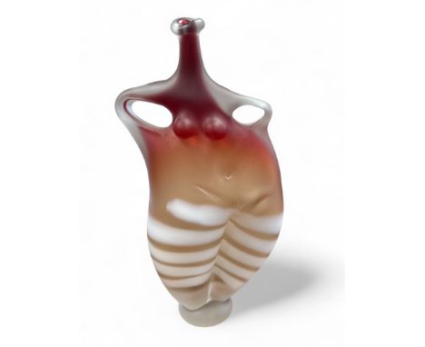 Karlin Rushbrooke (British, b. 1941), Standing lady with striped legs, red glass sculptural vase. Signed with etching to base