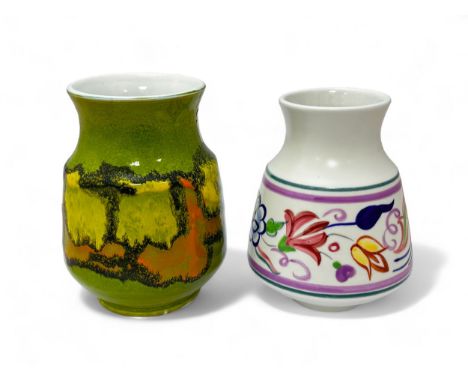 Poole Pottery, pair of Poole Pottery small vases to include a green, yellow &amp; orange Delphis pattern vase 14cm (83) and f