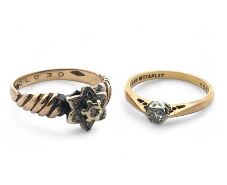 Two diamond rings. A single stone ring in 18ct yellow gold, diamond approx 0.08ct, size K. Together with a 9ct yellow gold an