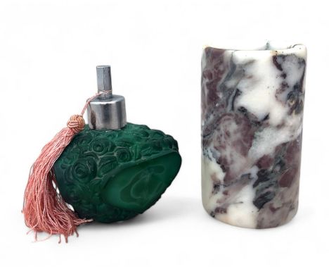 Art Deco malachite moulded glass triangular perfume atomiser by Schlevogt, chromed cap, the belly cast with roses and foliage