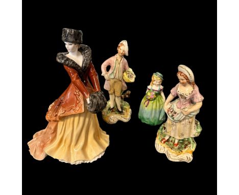 Small ceramic figurine group to include; Royal Worcester Natasha Premier figurine (23cm), Staffordshire lady and boy figures 