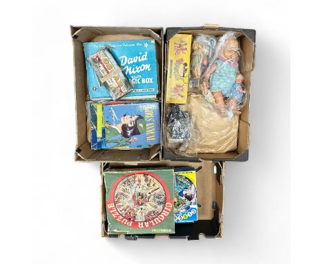 1950s Toys collection, with Pelham Puppet poodle, Tiny and Teeny Tiny Tears dolls, Waddington's circular jig-saws (5), David 