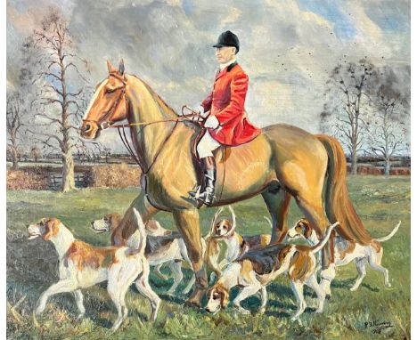 Peter Frederick Herring (British, 20th Century), hunting scene oil on canvas with rider and dogs. Framed in large gilt frame.