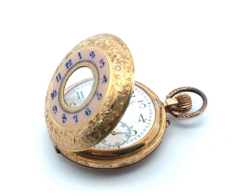 A ladies gold and enamel half hunter fob watch, the cover with pink and blue enamel Arabic numeral chapter ring, monogrammed 
