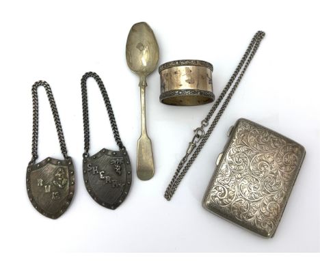 Silver and white metal items. Includes a cigarette case inscribed 'Bomber A. Walker, with best wishes for coming operation fr