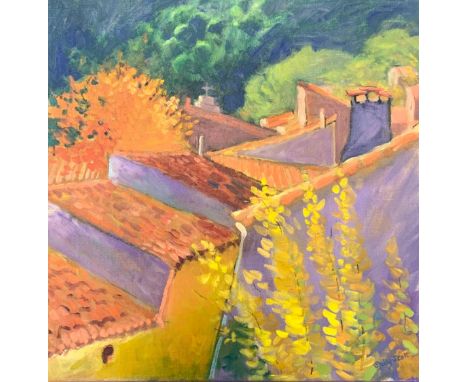 Sally Scott (British, b. 1939), ‘ Lumiere D’Hiver ‘ oil on canvas rooftop scene painted in Arboras (2011). Signed to lower ri