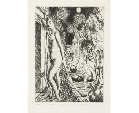 PAUL DELVAUX (1897-1994)Sept dialogues,1971 Eau-forte. Essais de tirage. Exemplaire hors-commerce. Signée et justifiée. Timbr