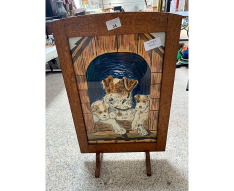 Vintage oak fire screen with picture of dogs. Viewing/collection at West Woodlands BA11 5ES. Payment at Standerwick BA11 2QB.
