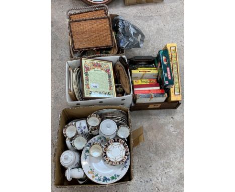 Quantity of glassware to include jugs, vases, bowls, china plates &amp; tea service, vintage board games, sewing boxes etc. V