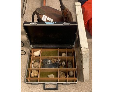 Small stained glass window, bellow &amp; case filled with shells, rock samples etc. Viewing/collection at West Woodlands BA11